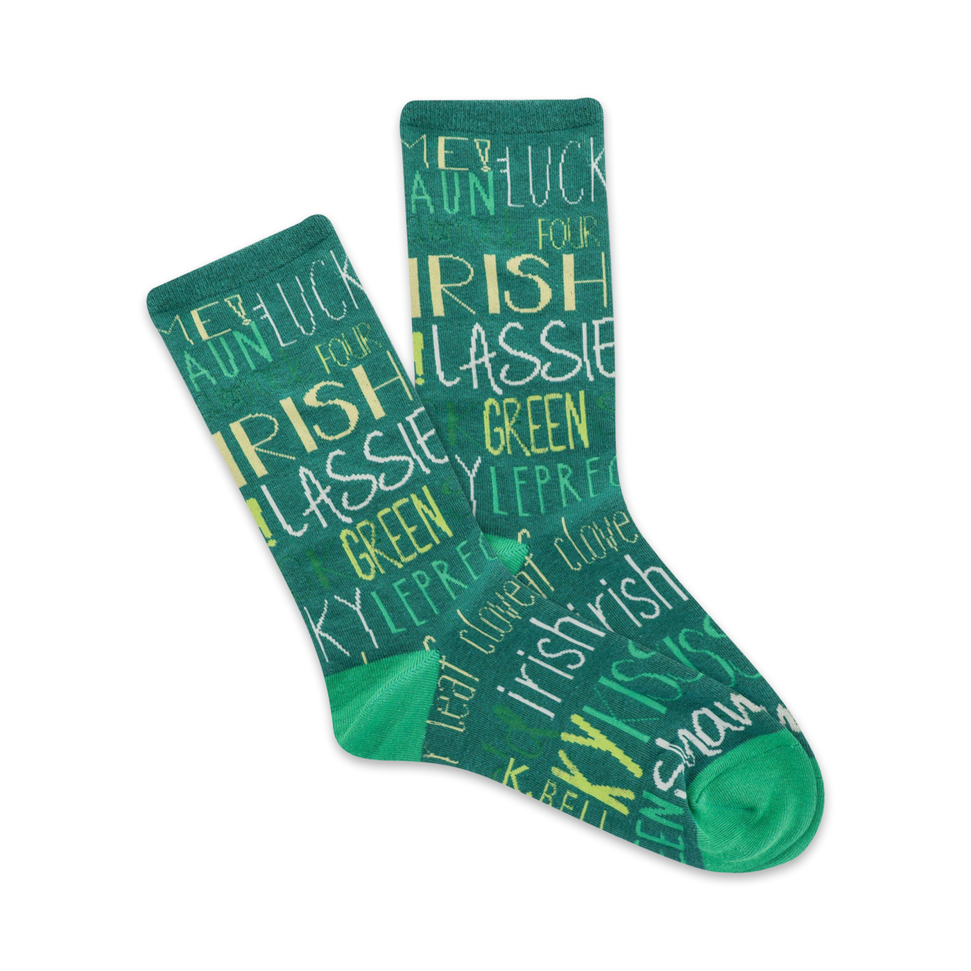 Pair of teal crew socks featuring a fun design of Irish words in yellow-green. The words include 'Irish', 'Luck', and 'Leprechaun'.