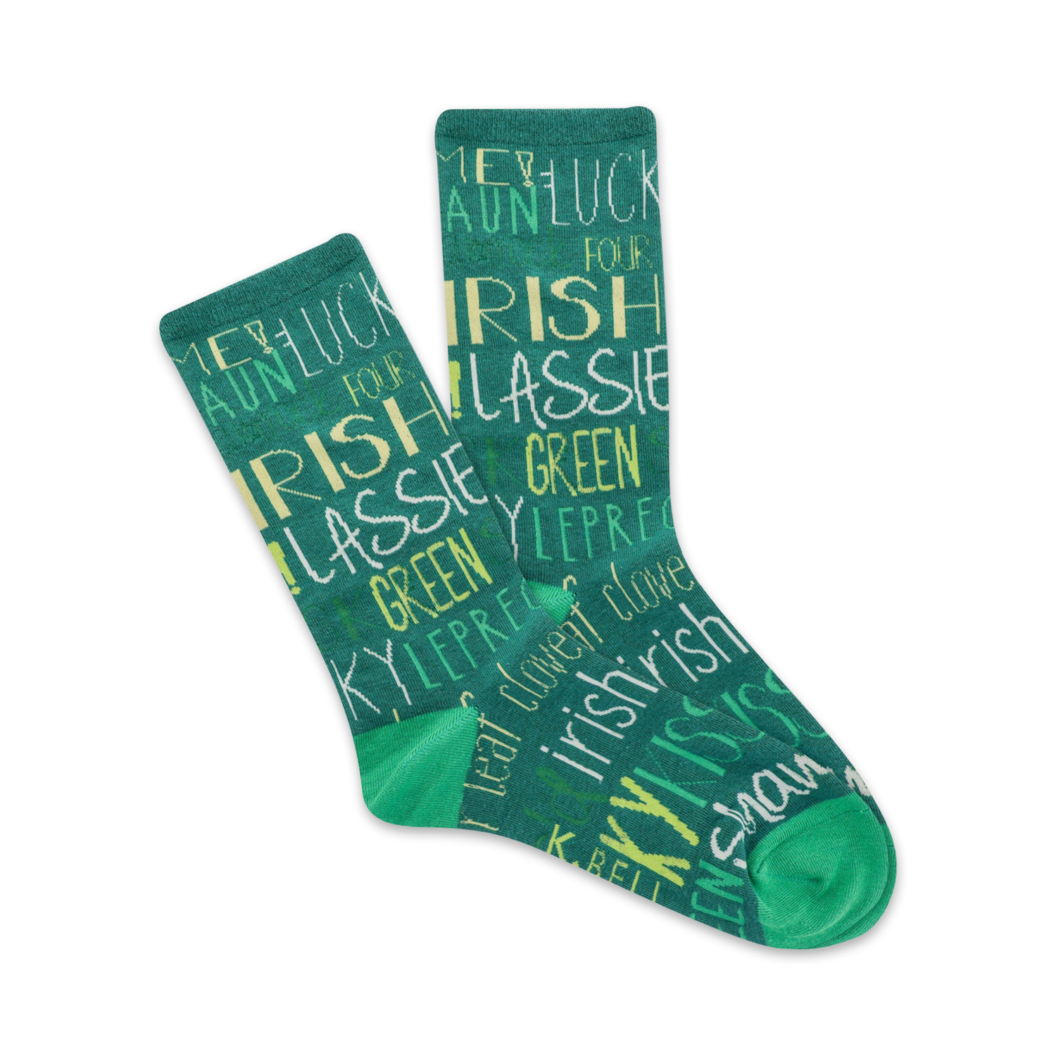 Pair of teal crew socks featuring a fun design of Irish words in yellow-green. The words include 'Irish', 'Luck', and 'Leprechaun'.