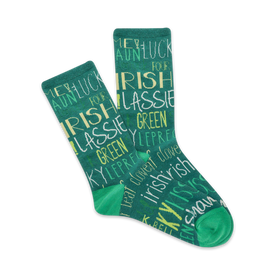 crew socks for women with light green and white words on a dark green background, luck-themed   