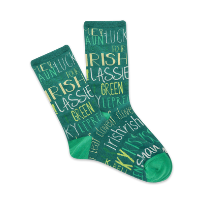 crew socks for women with light green and white words on a dark green background, luck-themed   