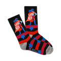 Pair of black crew socks with red and white stripes, blue stars, and a graphic of a superhero mom.  The socks have a grey cuff and K.Bell logo.