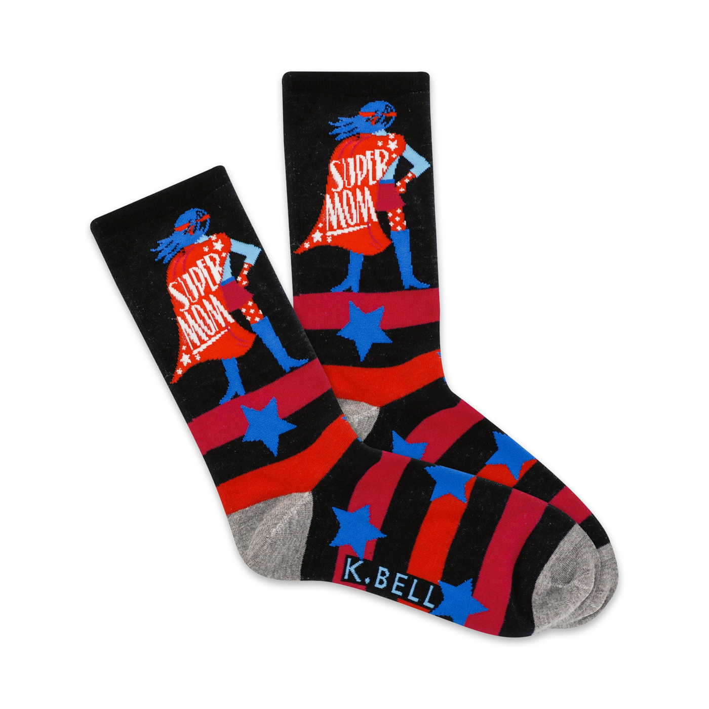 Pair of black crew socks with red and white stripes, blue stars, and a graphic of a superhero mom.  The socks have a grey cuff and K.Bell logo.