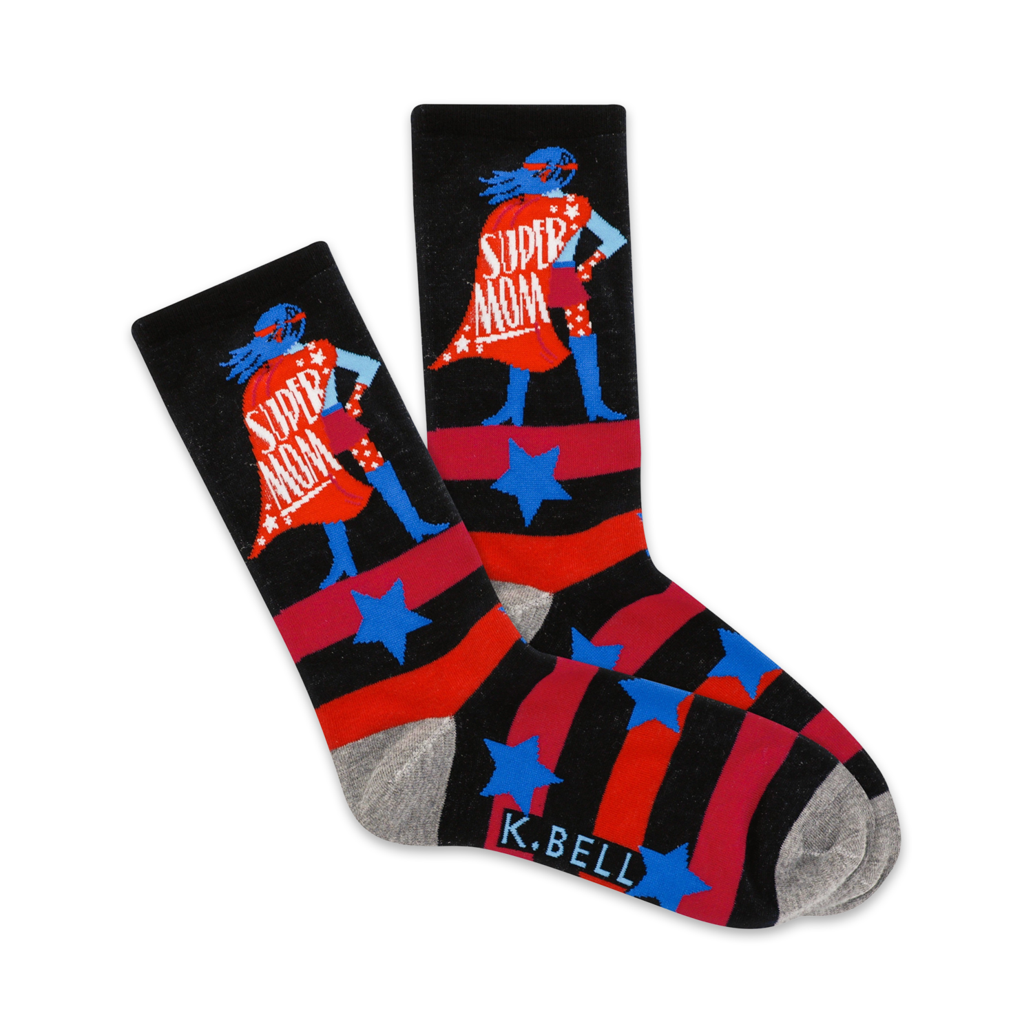 Pair of black crew socks with red and white stripes, blue stars, and a graphic of a superhero mom.  The socks have a grey cuff and K.Bell logo.