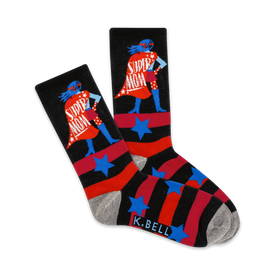 red and blue striped crew socks with the words "super mom" in white.  