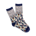 A pair of grey crew socks with a navy blue cuff. The socks feature a pattern of women with raised fists and the text 'Moms Unite!' in pink.