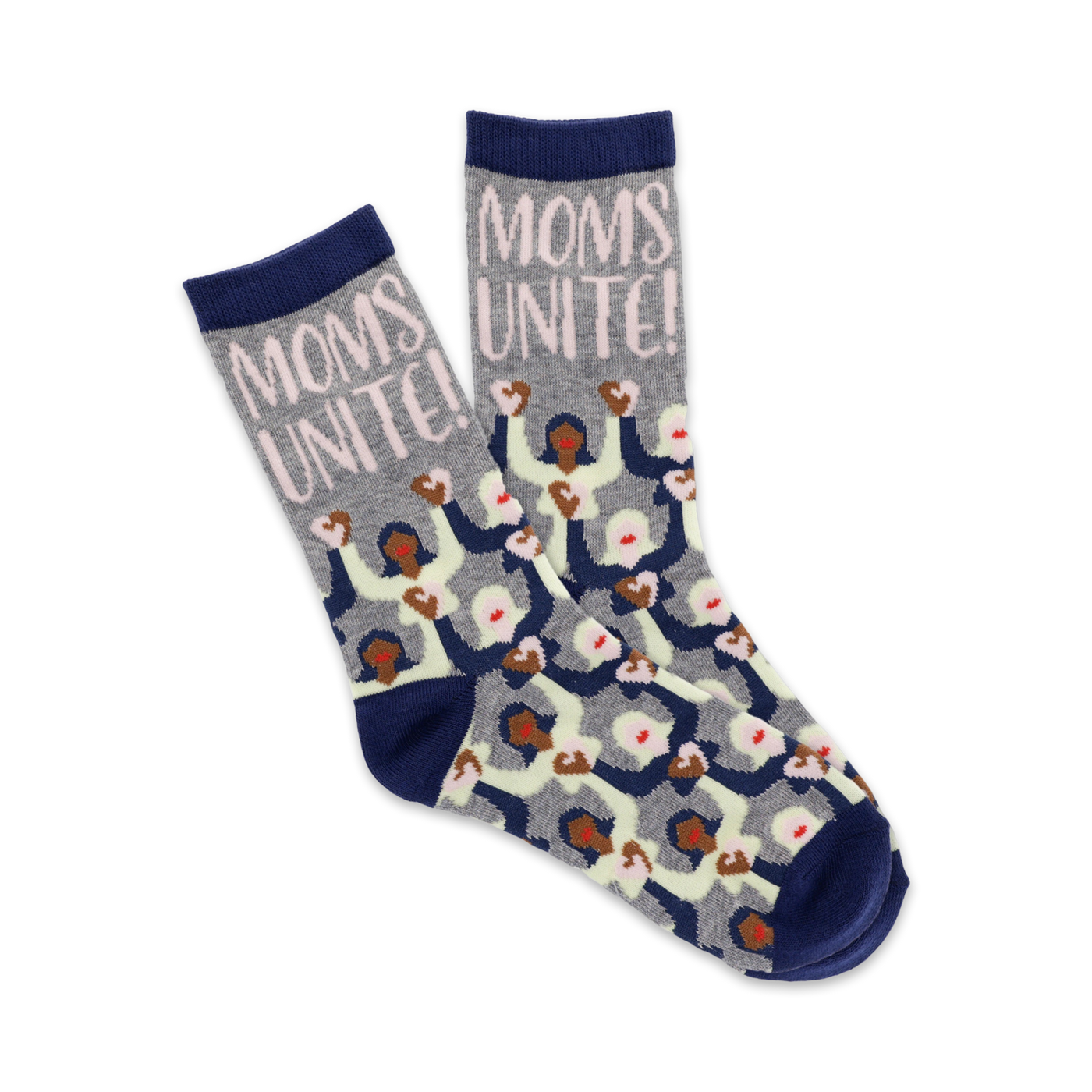 A pair of grey crew socks with a navy blue cuff. The socks feature a pattern of women with raised fists and the text 'Moms Unite!' in pink.