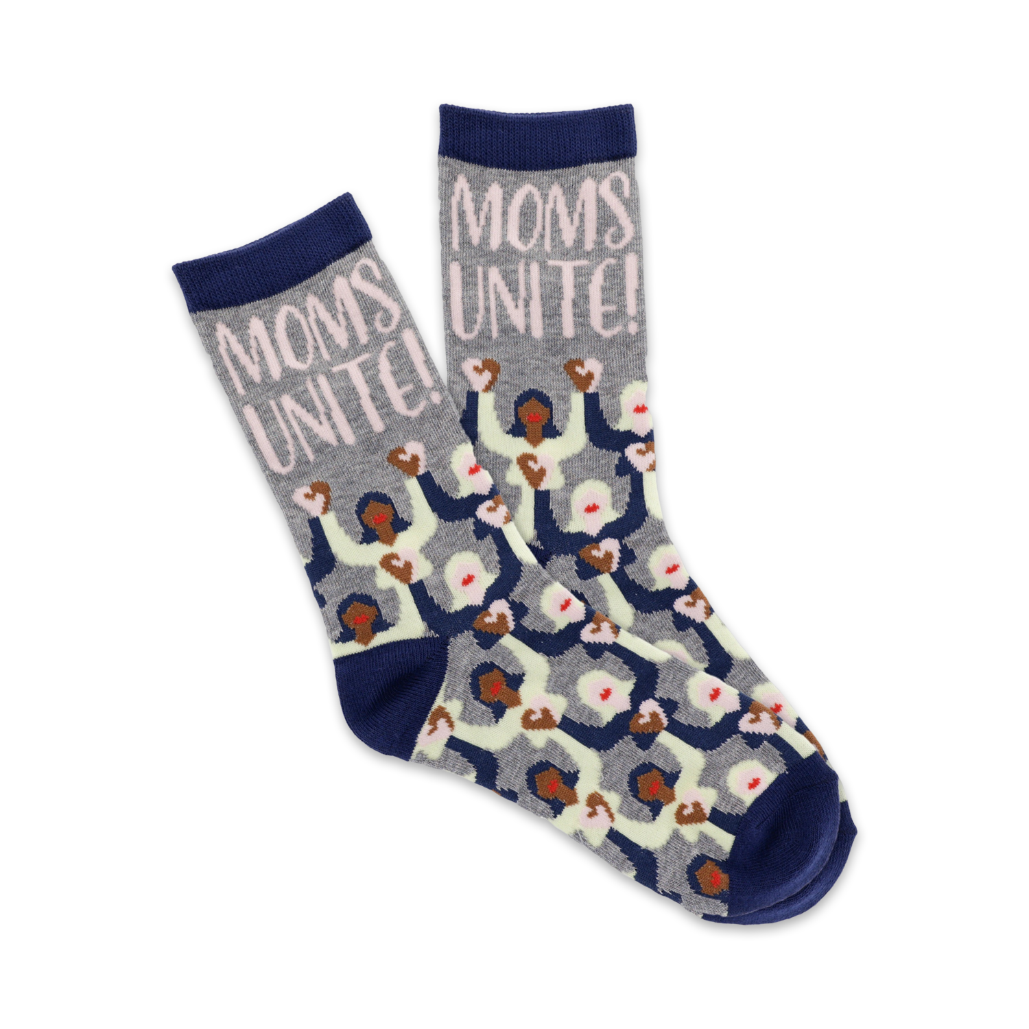 A pair of grey crew socks with a navy blue cuff. The socks feature a pattern of women with raised fists and the text 'Moms Unite!' in pink.