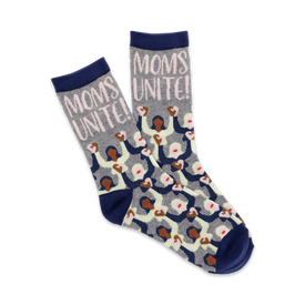 gray crew socks with blue band featuring "moms unite" slogan and repeating pattern of diverse women raising arms in unity.  