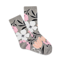 A pair of grey crew socks with a bold floral print. The flowers are in shades of pink, white, and peach, with black stems on a grey background.