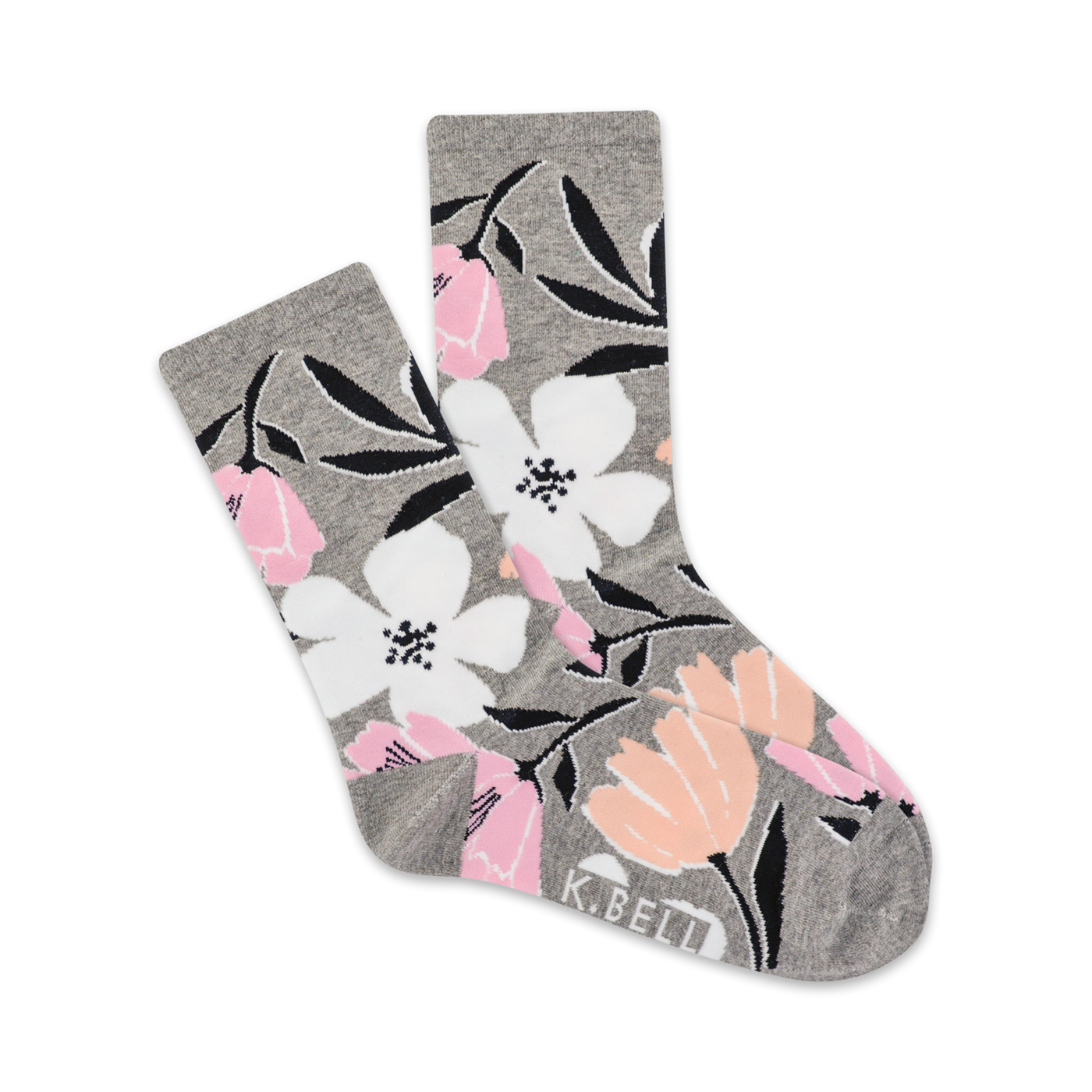 A pair of grey crew socks with a bold floral print. The flowers are in shades of pink, white, and peach, with black stems on a grey background.