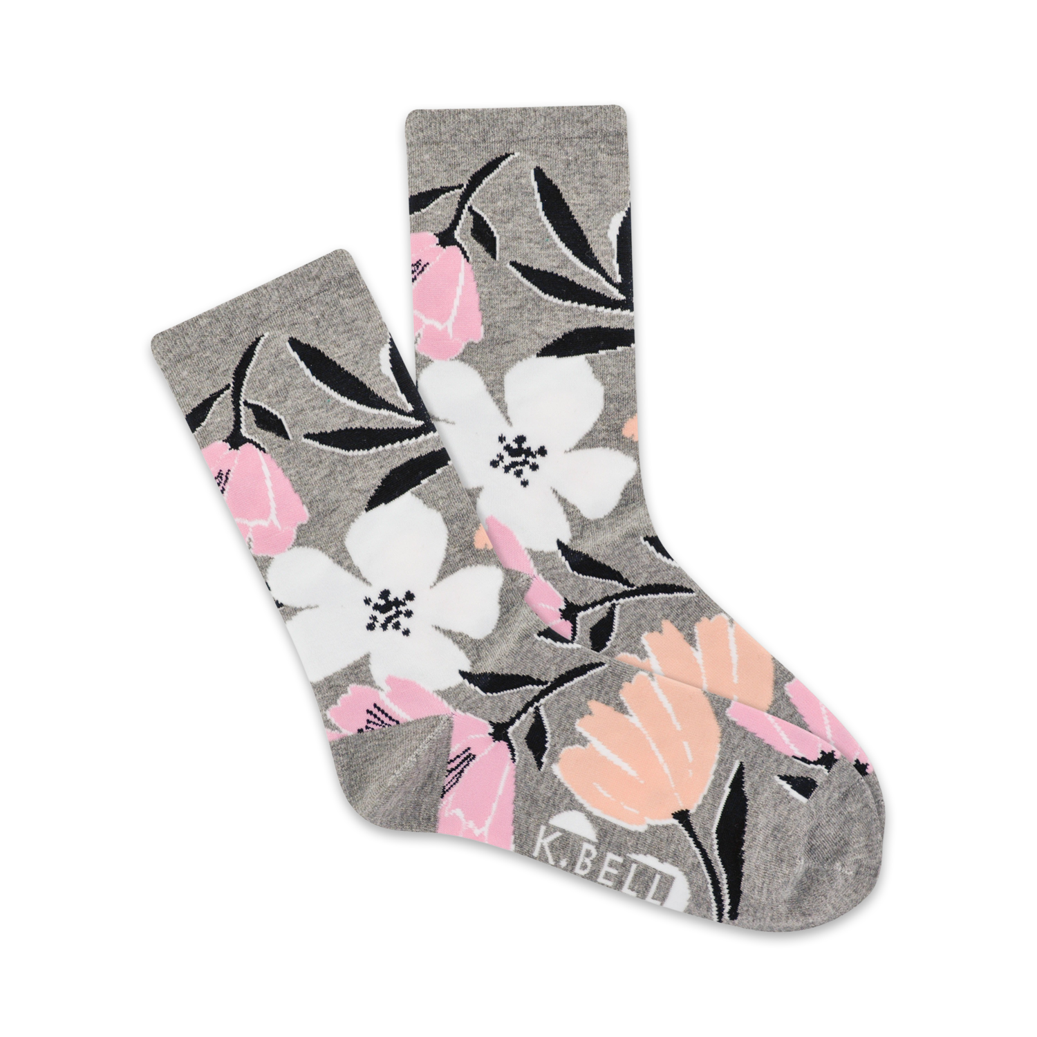A pair of grey crew socks with a bold floral print. The flowers are in shades of pink, white, and peach, with black stems on a grey background.