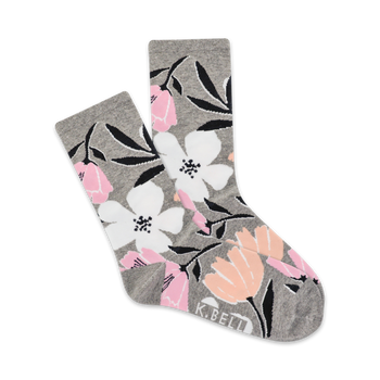 women's gray jumbo floral crew socks with pink, white, and orange flowers   