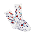 A pair of white crew socks with a navy polka dot pattern and fun summer picnic themed designs: hot dogs, watermelon slices, ice pops and fireworks.