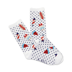 red, blue and green hotdog, popsicle, watermelon slice and firework pattern crew socks for women.  