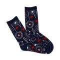 A pair of navy blue crew socks with a firework design in red and white. The socks are shown folded, displaying the full design.