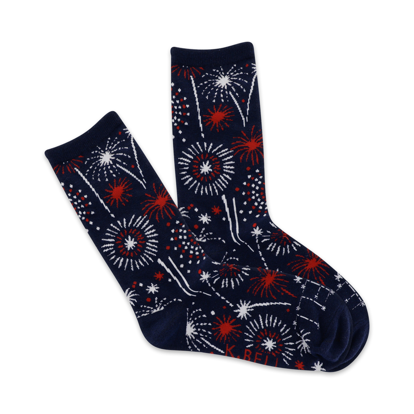 A pair of navy blue crew socks with a firework design in red and white. The socks are shown folded, displaying the full design.