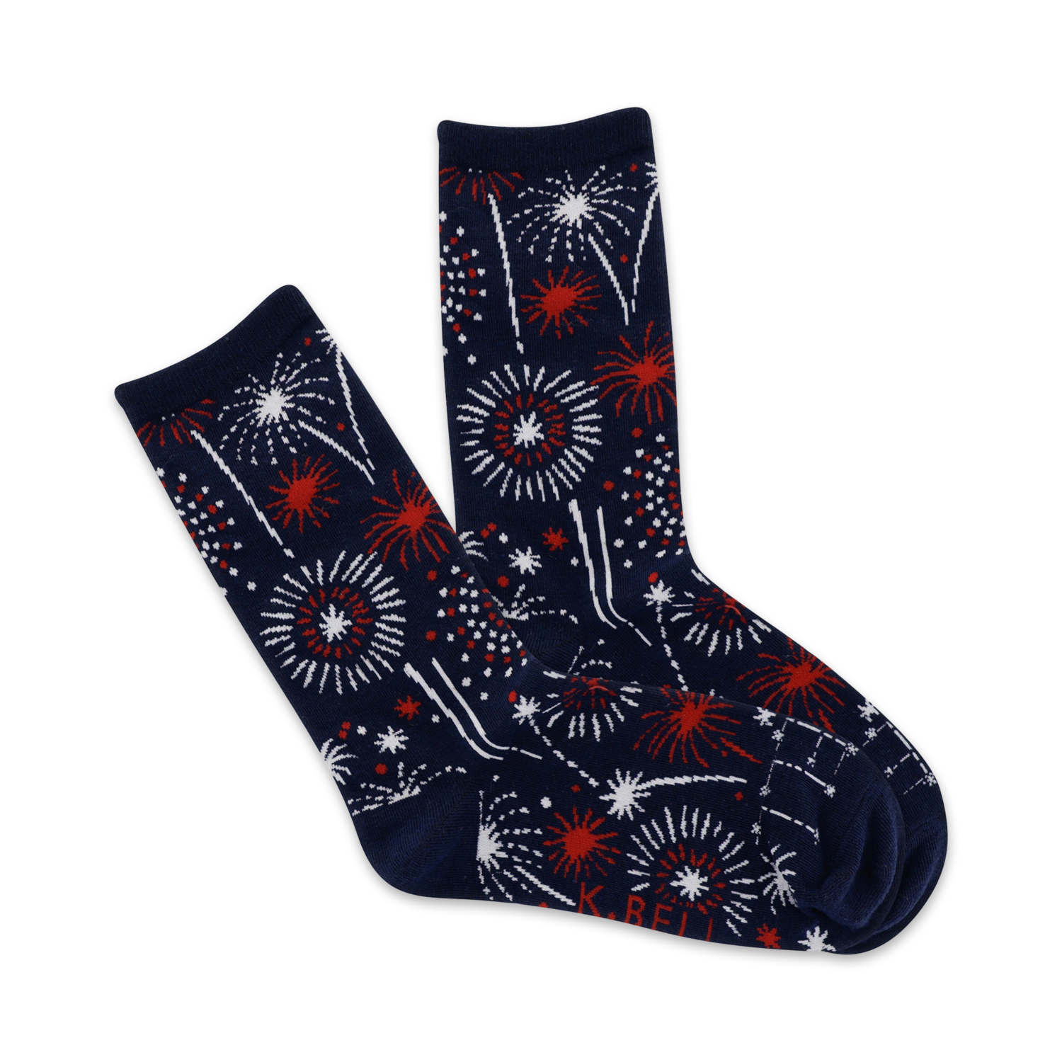A pair of navy blue crew socks with a firework design in red and white. The socks are shown folded, displaying the full design.