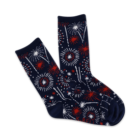 crew length dark blue socks with a vibrant red and white fireworks pattern for women, perfect for celebrating the 4th of july or showing your american pride.  
