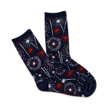 crew length dark blue socks with a vibrant red and white fireworks pattern for women, perfect for celebrating the 4th of july or showing your american pride.  