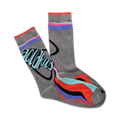 Pair of grey crew socks with a teal Aquarius symbol and multicolored wave design.  Features orange, blue, and black stripes.