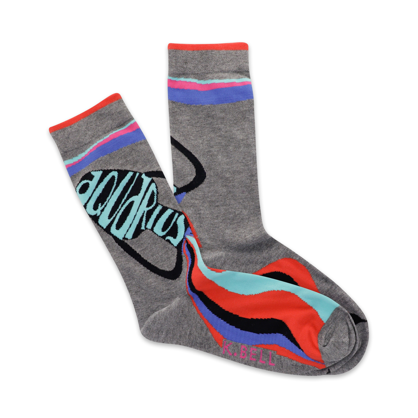 Pair of grey crew socks with a teal Aquarius symbol and multicolored wave design.  Features orange, blue, and black stripes.