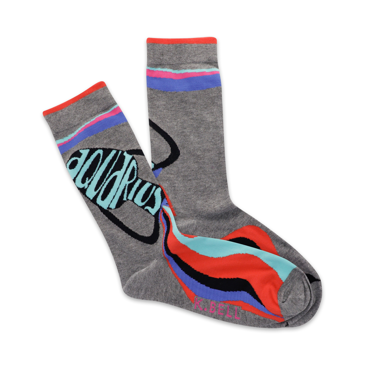 Pair of grey crew socks with a teal Aquarius symbol and multicolored wave design.  Features orange, blue, and black stripes.