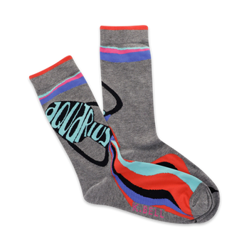 gray crew socks with a wave pattern in black, blue, red, and pink. with the words aquarius pouring out a large jar