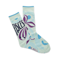 Pair of pastel blue crew socks with purple Pisces design and small blue circles.