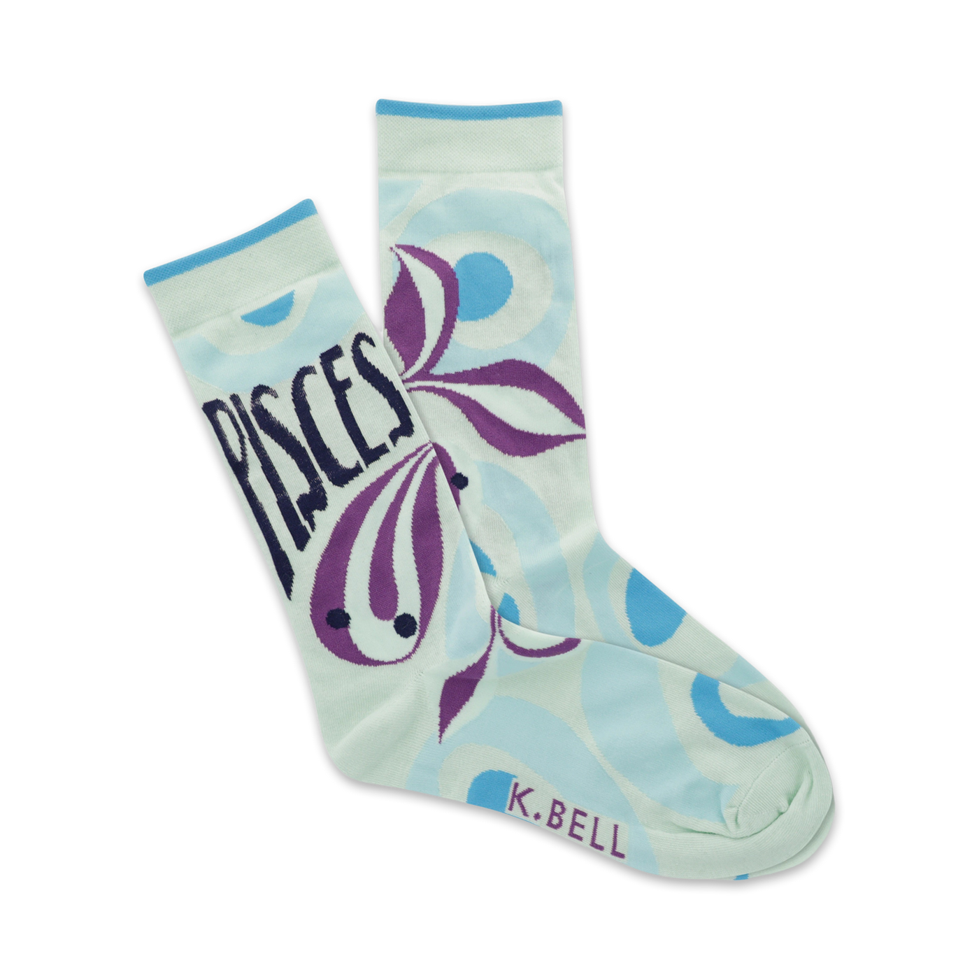 Pair of pastel blue crew socks with purple Pisces design and small blue circles.
