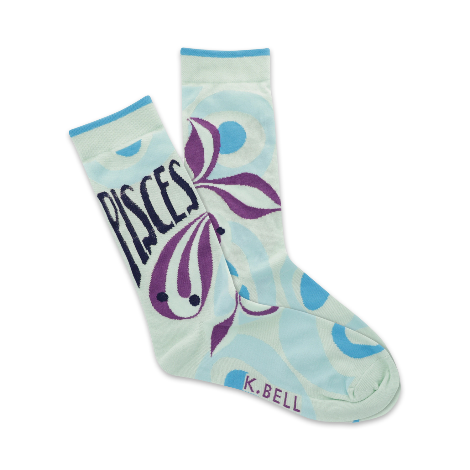 Pair of pastel blue crew socks with purple Pisces design and small blue circles.