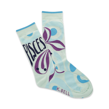 light blue crew socks with purple fish and blue and white bubbles. pisces written in black at top of left sock.  