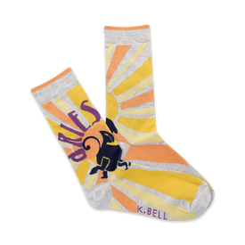 gray crew socks feature orange and yellow stripes, a crowned ram, and the word "aries" in purple.   