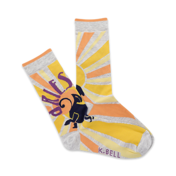 gray crew socks feature orange and yellow stripes, a crowned ram, and the word "aries" in purple.   