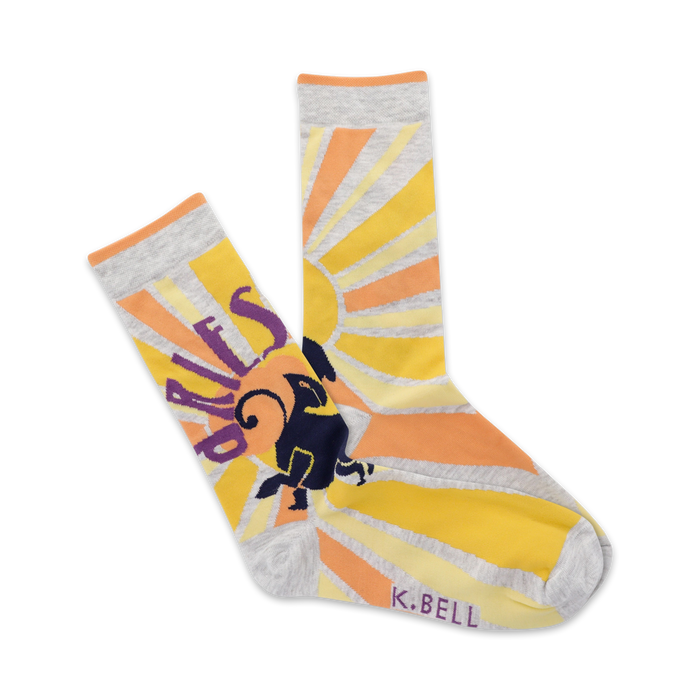 gray crew socks feature orange and yellow stripes, a crowned ram, and the word 