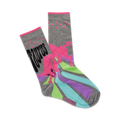 A pair of gray crew socks with a pink bull and retro rainbow design. The word 'Taurus' is featured prominently.