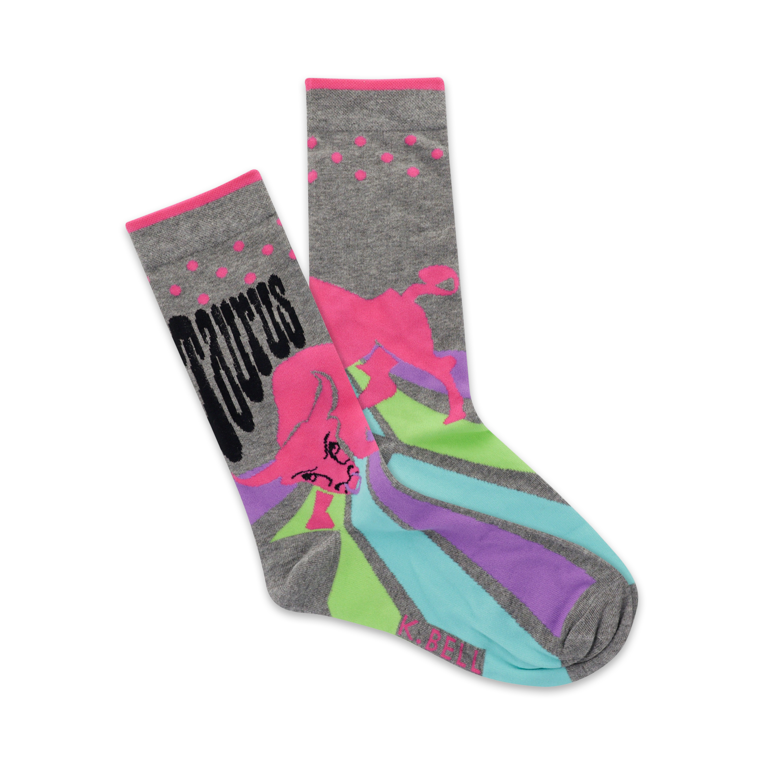 A pair of gray crew socks with a pink bull and retro rainbow design. The word 'Taurus' is featured prominently.