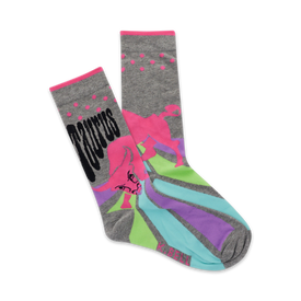  women's gray crew socks feature a colorful pink and purple bull pattern and yellow horns with blue and green stripes in the background.   