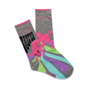  women's gray crew socks feature a colorful pink and purple bull pattern and yellow horns with blue and green stripes in the background.   