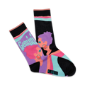 Pair of crew socks, black base with purple, pink, and teal designs. Features a retro illustration of two Gemini twins.