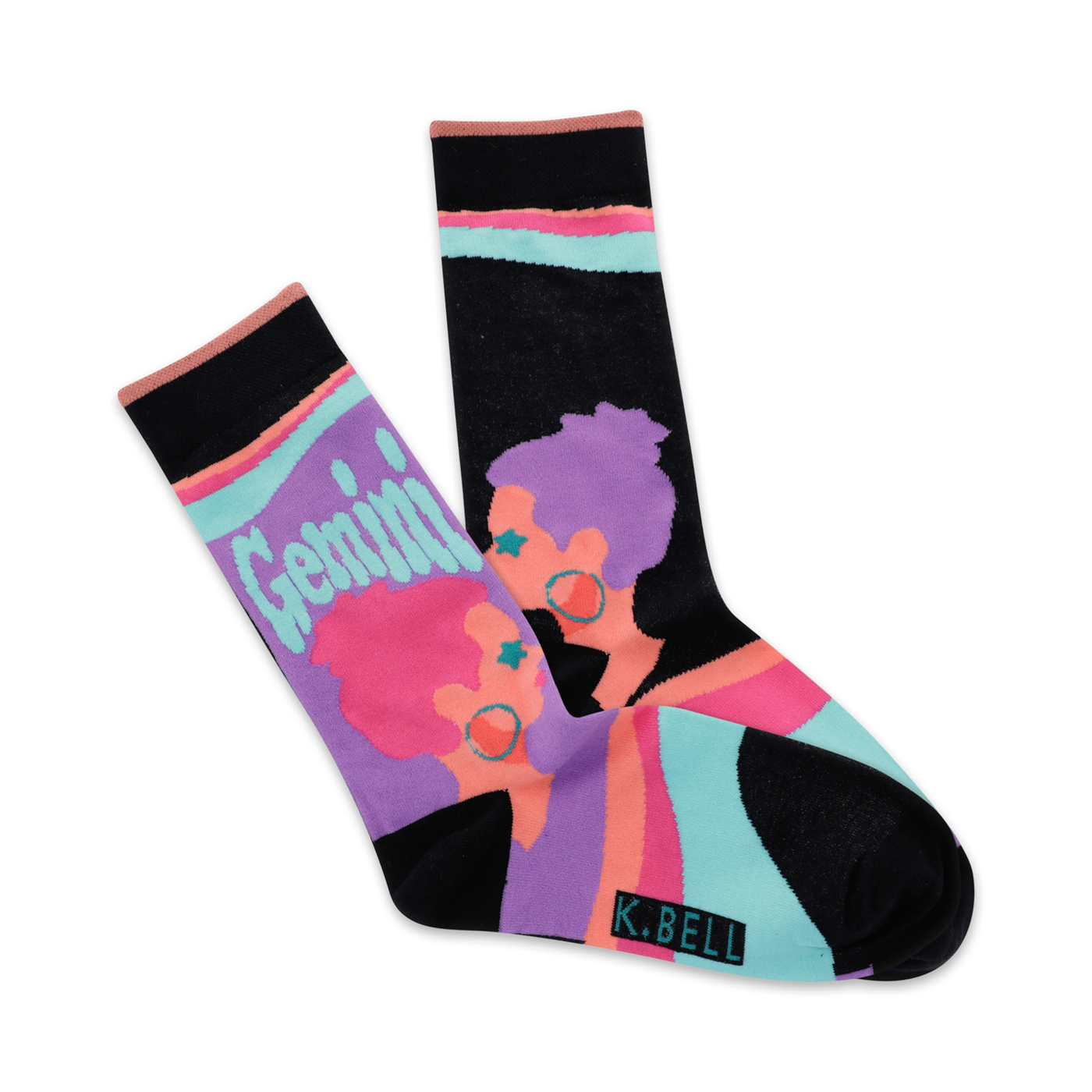 Pair of crew socks, black base with purple, pink, and teal designs. Features a retro illustration of two Gemini twins.