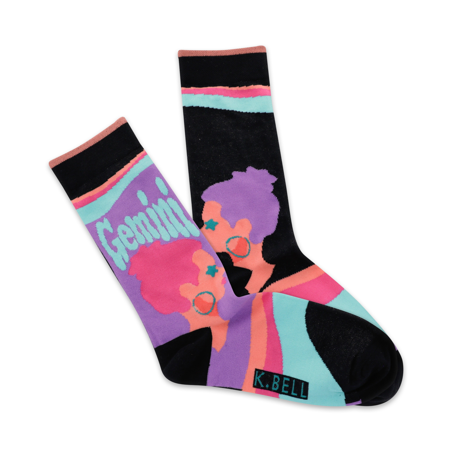 Pair of crew socks, black base with purple, pink, and teal designs. Features a retro illustration of two Gemini twins.