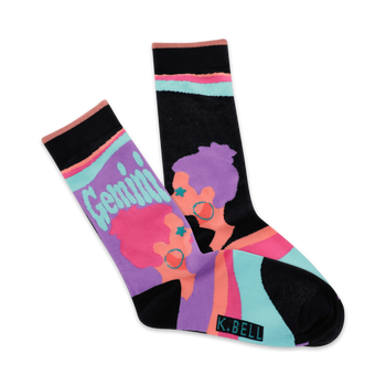 black crew socks with gemini zodiac pattern of two purple-haired cartoon women wearing sunglasses, rainbow, and stars   