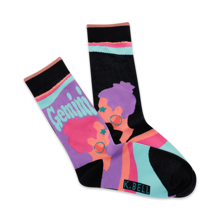black crew socks with gemini zodiac pattern of two purple-haired cartoon women wearing sunglasses, rainbow, and stars    }}