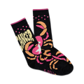 A pair of black crew socks with a pink and orange crab design and the word 'Cancer' printed on them.