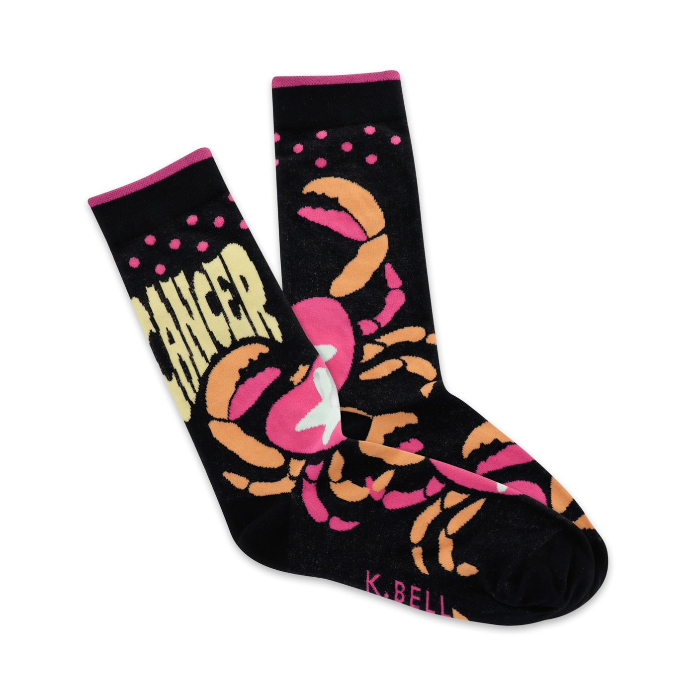 A pair of black crew socks with a pink and orange crab design and the word 'Cancer' printed on them.