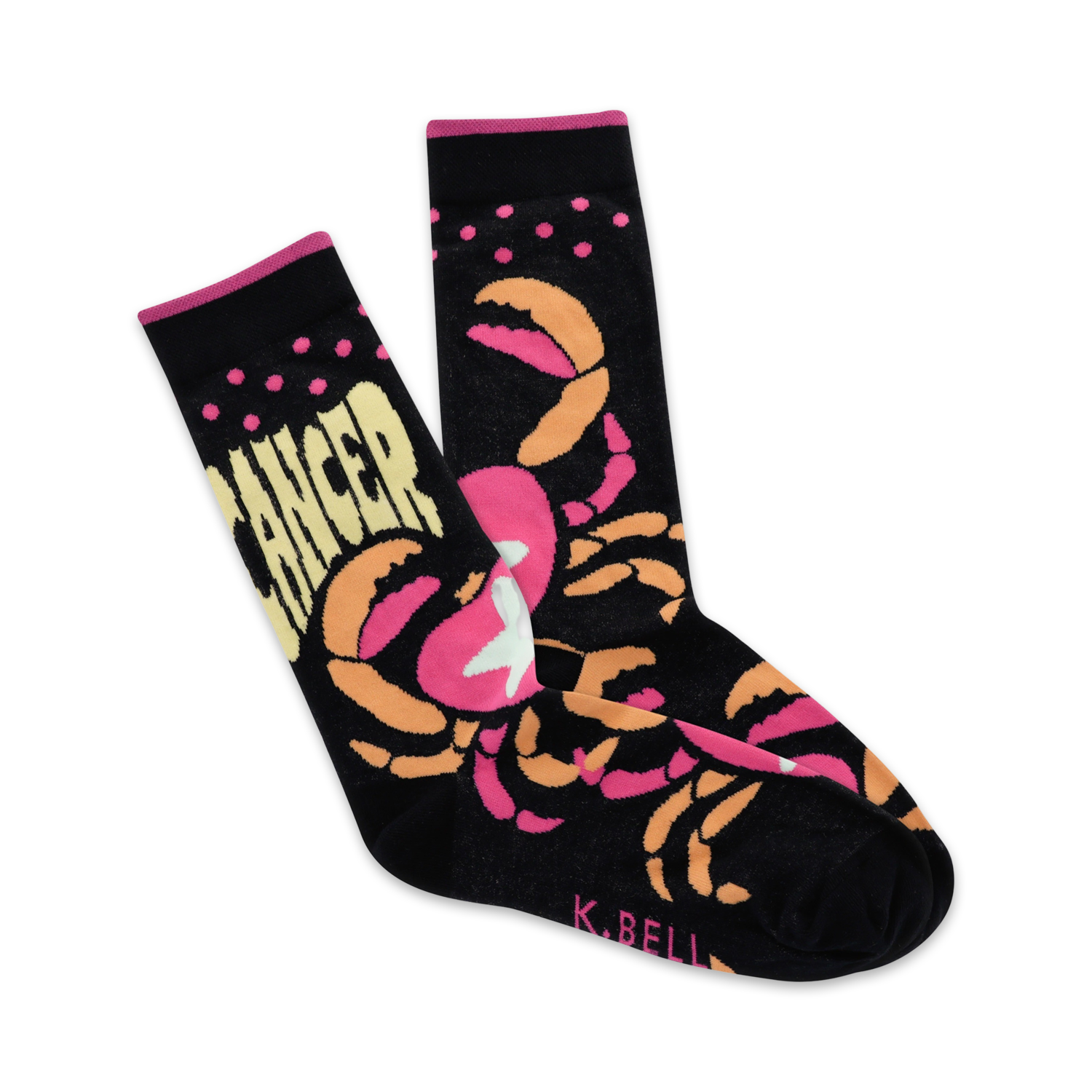 A pair of black crew socks with a pink and orange crab design and the word 'Cancer' printed on them.