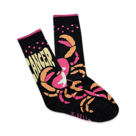 black crew socks with pink and orange crabs and polka dots display "cancer" in white letters.   
