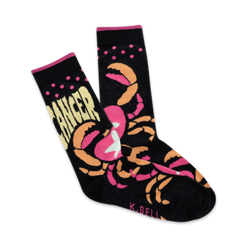 black crew socks with pink and orange crabs and polka dots display "cancer" in white letters.   