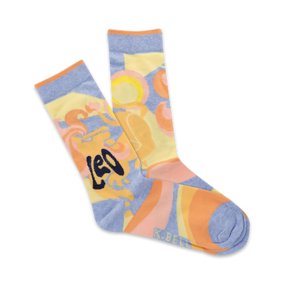 Pair of crew socks with "Leo" text and abstract sun-like and flame patterns in blue, yellow, and orange.