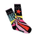 A pair of crew socks with a pop art design. Black background with pink, yellow, red and teal accents. Features the word 'Virgo' and a star.